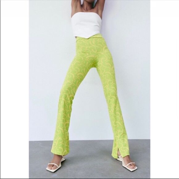 Zara Flared Jacquard Print Knit Pull On High Rise Pants Lime Green Yellow XS - Picture 1 of 11